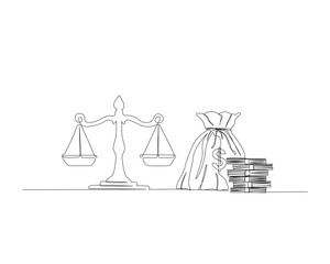 Continuous one line drawing of justice scale and cash or money. law, justice, corruption concept in single outline vector illustration. Editable stroke. 