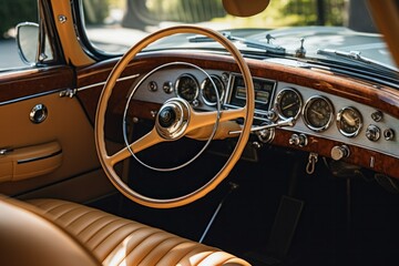 The wood and steel steering wheel of a luxury convertible with a beige leather interior is parked in the garage. - obrazy, fototapety, plakaty