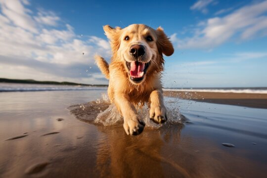 Cute pet dog with tennis ball in mouth looks at camera while running with reflection on wet sand near the sea