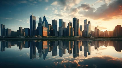Poster View of modern skyscrapers reflected in still water of river near bridge with sunset sky. © jureephorn