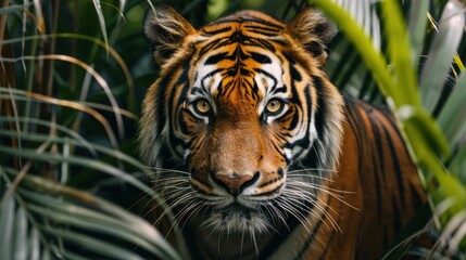 majestic tiger roams with regal grace, its powerful presence commanding attention amidst the dense foliage of the forest