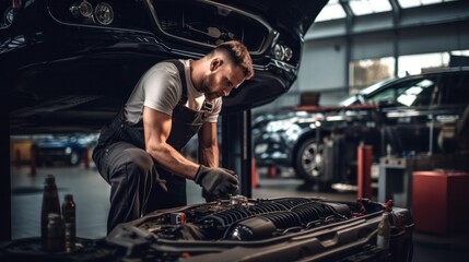 Fototapeta na wymiar A car mechanic works in a car repair shop. Repair service. A car mechanic works at a car service center. Repair work.