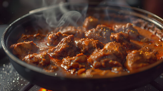 Indian Butter Chicken Curry - Sizzling spicy pork stew in skillet