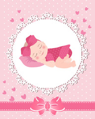 Children's greeting card with a cute baby girl on a lace template with a bow and hearts. Newborn design, vector.