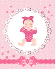 Children's greeting card with a cute baby girl on a lace template with a bow and hearts. Newborn design, vector.