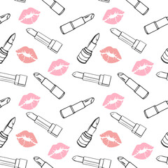 Seamless pattern, drawn contour cosmetics lipsticks and lip prints. Makeup background, textile, vector