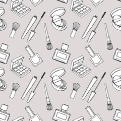 Seamless pattern, drawn contour items cosmetics on a light background. Makeup background, textile, vector