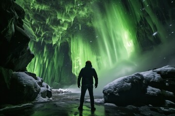 traveler's back view Stand in the cave and admire the beautiful green arctic lights during your journey.