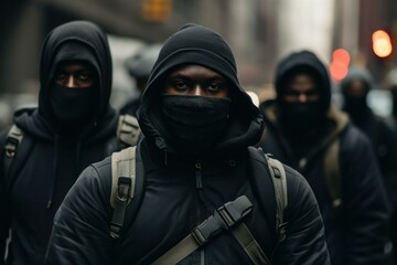 black men rally on the street holding a mask One of them is looking at the camera with a serious expression. - obrazy, fototapety, plakaty