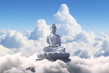 a statue of a buddha sitting on a platform surrounded by clouds