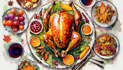 Abstract Joyful Happiness Homemade Roasted Thanksgiving Day Turkey with all the Sides in luxury. - obrazy, fototapety, plakaty
