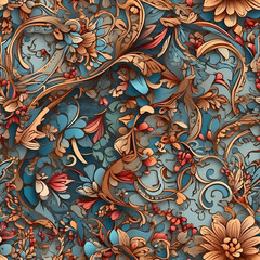 Blue Background With Flowers and Leaves Seamless Pattern. Generative AI.