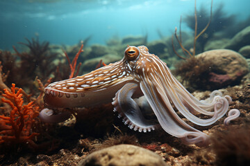 Cuttlefish Sepia officinalis resting on the seabed - obrazy, fototapety, plakaty