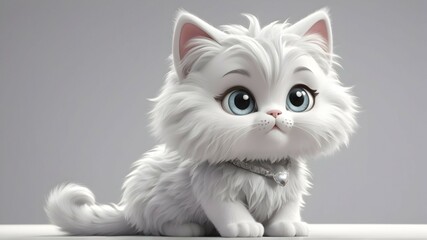 a cute 3D fluffy fashionista kitty cat character, silver white hues, childlike animated dreamy stylish sweetcharacter, whimsical digital 3D novel illustration, smooth, dimmed light, hyperrealistic.
