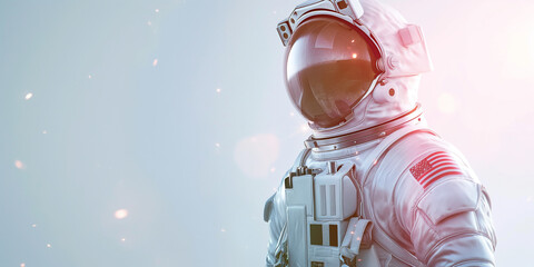 Close-up of an astronaut's helmet and suit against a light background.
 - obrazy, fototapety, plakaty