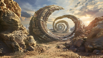 Surreal rock vortex formation. Fictional coiled stones in the desert mountains.