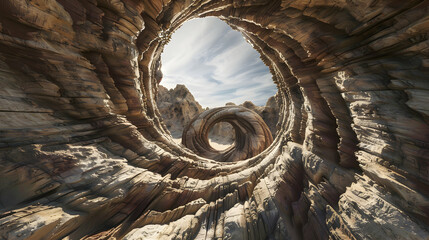Surreal rock vortex formation. Fictional coiled stones in the desert mountains. - obrazy, fototapety, plakaty