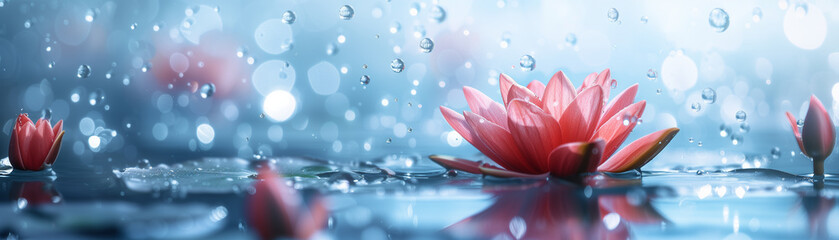 Serene scene of pink lotus flowers floating on calm water, with raindrops creating a tranquil and reflective atmosphere. Perfect for simple poster layout.