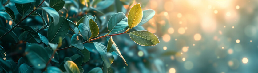 Morning light filters through fresh leaves, casting a warm glow and creating a soft bokeh effect in the background. Perfect for simple poster layout.