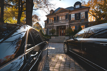 Luxuriöse Autos, Limousinen, vor einer Villa, Reichtum und Wohlstand, Oberschicht, erstellt mit generativer KI