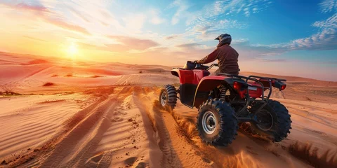 Tafelkleed An off road ATV driving dune bashing in breathtaking view desert area at sunset or sunrise © piai