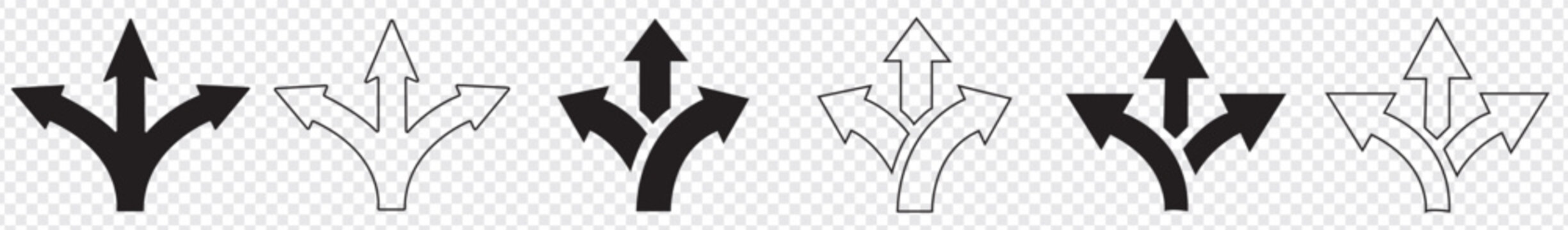 Choice between three roads icons. Three-way directional arrow collection. Way, road, direction, branching, arrows - stock vector.