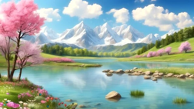 Animation of a beautiful lake with flowers blooming around it, butterflies dancing, in springtime Seamless looping 4k time-lapse animation video background
