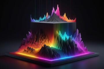 Colorful 3d cube and audio spectrum visualization, horizontal composition