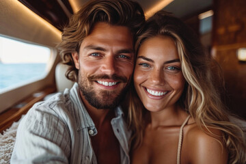 Young  couple in an aircraft flying for holidays