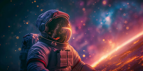 Portrait of an astronaut. Mars colonization or settlement concept. Astronaut in space suit in outer space with nebula reflection in helmet glass