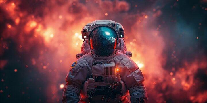 Portrait of an astronaut. Mars colonization or settlement concept. Astronaut in space suit in outer space with nebula reflection in helmet glass