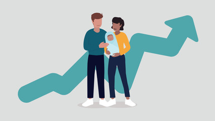 Vektor-Illustration eines Paares mit einem Baby, im Hintergrund eine steigende Kurve eines Graphen - Familienkonzept