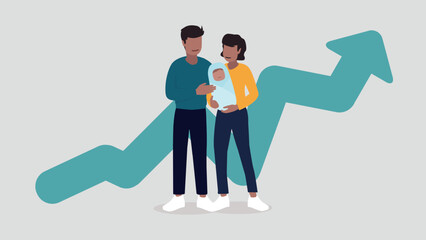 Vektor-Illustration eines Paares mit einem Baby, im Hintergrund eine steigende Kurve eines Graphen - Familienkonzept