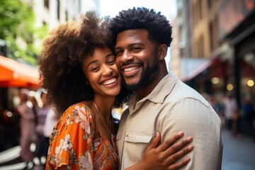 Happy African American couple hugging on the street on a summer day happily on holiday