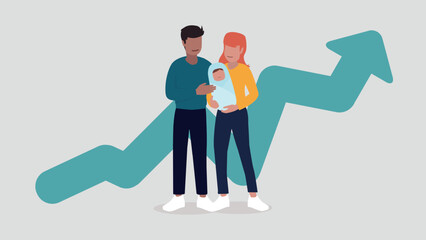 Vektor-Illustration eines Paares mit einem Baby, im Hintergrund eine steigende Kurve eines Graphen - Familienkonzept