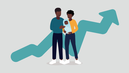 Vektor-Illustration eines Paares mit einem Baby, im Hintergrund eine steigende Kurve eines Graphen - Familienkonzept