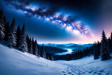 Fototapeta na wymiar Majestic winter nightscape with milky way mountains, aerial. Panoramic snowy mountains under a starry sky with milky way galaxy. Earth nature concept. Copy ad text space. Generate Ai