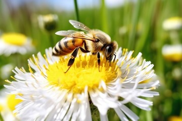 Close-up of a bee collecting pollen and nectar on a white blooming flower in nature against a beautiful dandelion background.