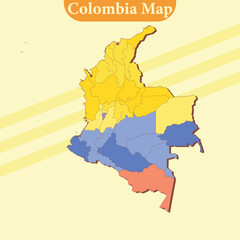 National map of Colombia map vector with regions and cities lines and full every region