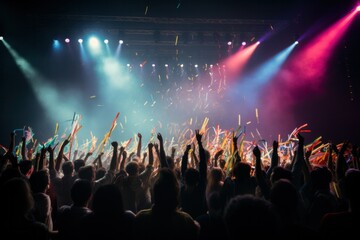 A dancing crowd with their arms raised joyfully during live music performance in a modern concert hall. - obrazy, fototapety, plakaty