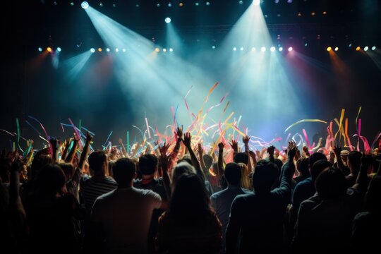 A dancing crowd with their arms raised joyfully during live music performance in a modern concert hall.