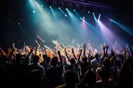 A dancing crowd with their arms raised joyfully during live music performance in a modern concert hall.