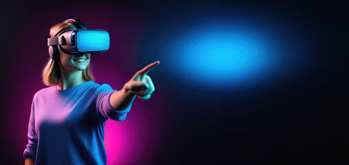 Banner with young smiling European woman wearing virtual reality glasses and touch with her finger to the side.