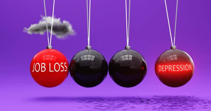 Job loss leads to depression. A Newton cradle metaphor in which job loss sets depression in motion. Vicious cycle. Cause and effect relation between job loss and depression. Can be looped