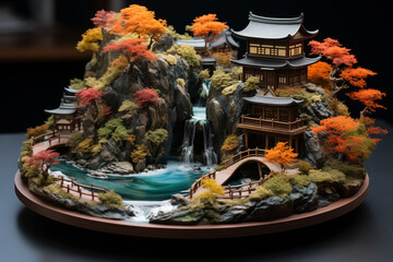 3D render of Japanese garden and pagoda on black background