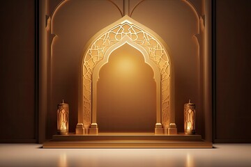 Luxury Islamic Podium traditional Islamic gold window frame with generative ai - obrazy, fototapety, plakaty