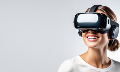 Banner with young smiling European woman wearing virtual reality glasses. Vr headset.
