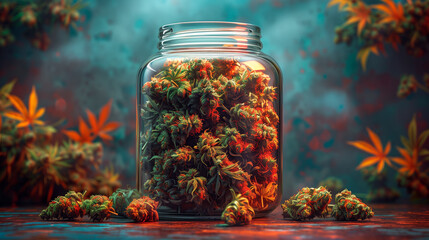 Cannabis buds in a jar - obrazy, fototapety, plakaty