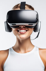 Closeup portrait of young smiling European woman wearing virtual reality glasses. Vr headset.