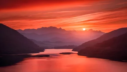 Crédence de cuisine en verre imprimé Corail Beautiful scenic view of the red soft sunset over a lake on digital art concept.